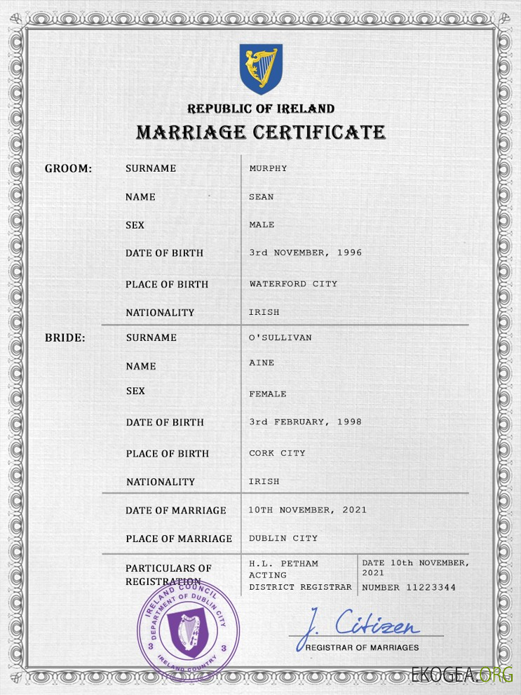Modèle PSD de certificat de mariage irlandais